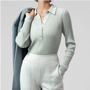 ATHLETA Sweet Bay Henley Sweater Mint Green Rib Collared Fitted S Medium